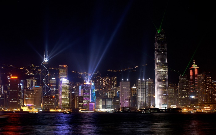 Beautiful Hong Kong, cidade da noite, arranha-céus, luzes, mar Papéis de Parede, imagem
