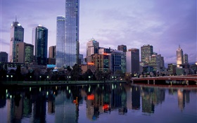 Bela cidade, crepúsculo, rio, ponte, edifícios, Austrália