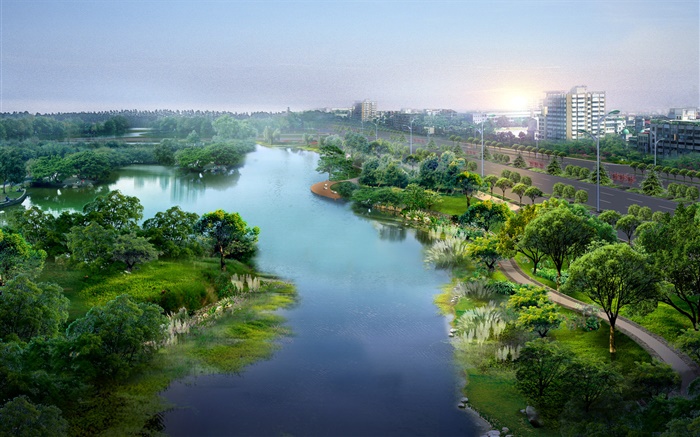 parque da cidade linda, design 3D, rio, árvores, estradas, casas Papéis de Parede, imagem