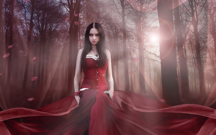 Menina bonita fantasia, vestido vermelho, floresta, sol Papéis de Parede, imagem