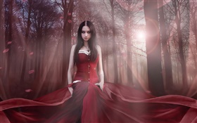 Menina bonita fantasia, vestido vermelho, floresta, sol