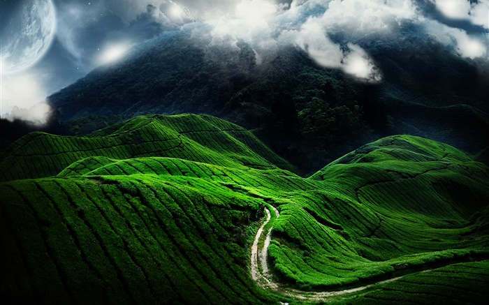Bela paisagem, monte verde, estrada, nuvens Papéis de Parede, imagem