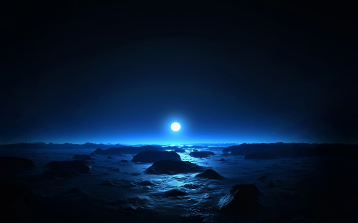 noite, mar, costa, lua, estilo azul bonito Papéis de Parede, imagem