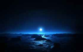 noite, mar, costa, lua, estilo azul bonito