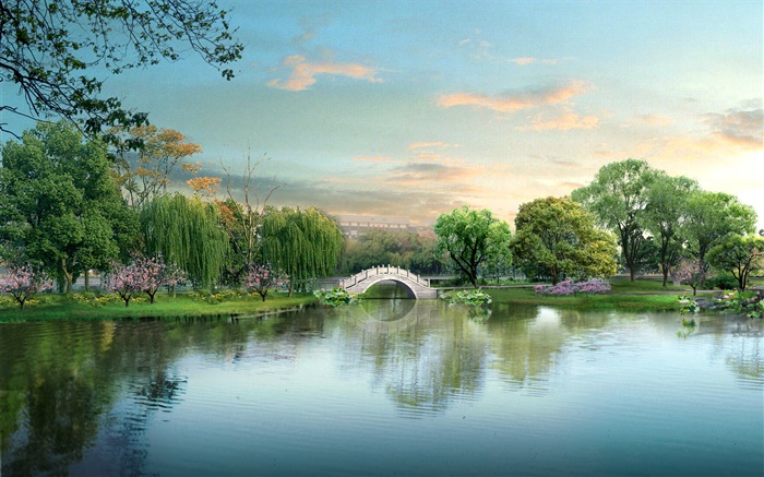Belo parque lago, ponte, árvores, design 3D Papéis de Parede, imagem