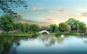 Belo parque lago, ponte, árvores, design 3D