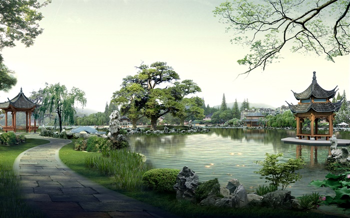 Belo parque, lago, pedras, pavilhão, árvores, caminho, 3D render projeto Papéis de Parede, imagem
