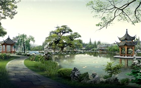 Belo parque, lago, pedras, pavilhão, árvores, caminho, 3D render projeto