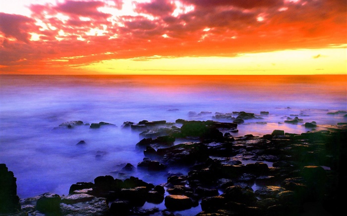 Vermelho bonito céu, sol, mar, pedras, Havaí, EUA Papéis de Parede, imagem