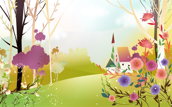 primavera, flores, árvores, sol, casa, belo design vector Papéis de Parede, imagem
