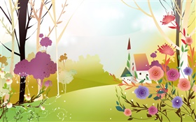 primavera, flores, árvores, sol, casa, belo design vector HD Papéis de Parede