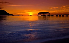 Por do sol bonito no Havaí, EUA, mar, estilo vermelho, cais HD Papéis de Parede