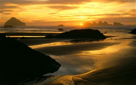 pôr do sol, mar, costa, rochas, céu vermelho bonito HD Papéis de Parede