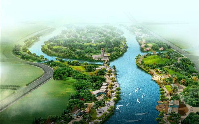 vista superior bonita do parque, rio, grama, árvores, pássaros, 3D render projeto Papéis de Parede, imagem