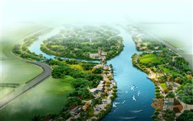 vista superior bonita do parque, rio, grama, árvores, pássaros, 3D render projeto