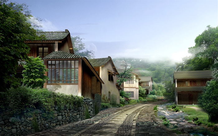 Bela vila, casas, estrada, pedras, nevoeiro, 3D render projeto Papéis de Parede, imagem