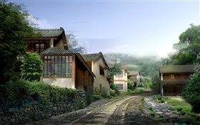 Bela vila, casas, estrada, pedras, nevoeiro, 3D render projeto HD Papéis de Parede