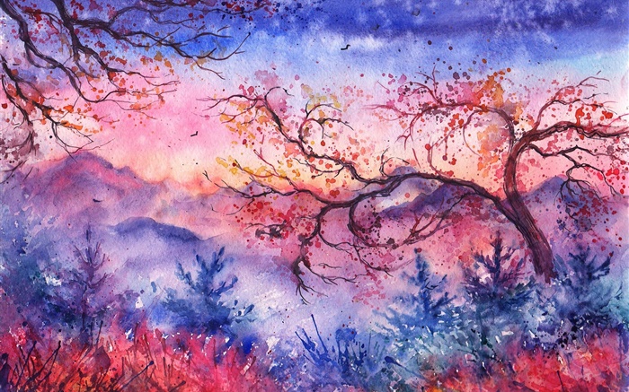 Pintura bonita da aguarela, noite, árvores, montanhas, estilo vermelho Papéis de Parede, imagem