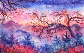 Pintura bonita da aguarela, noite, árvores, montanhas, estilo vermelho