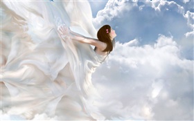 vestido branco lindo anjo, menina fantasia, nuvens HD Papéis de Parede