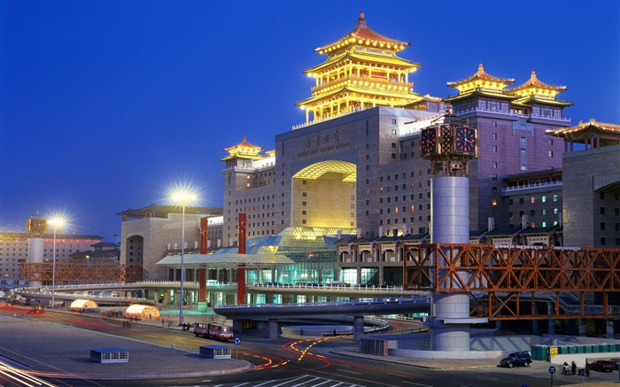 West Beijing Railway Station, noite, cidade, luzes, China Papéis de Parede, imagem