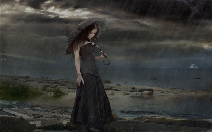 menina fantasia vestido preto de noite chuvoso, guarda-chuva Papéis de Parede, imagem