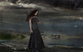 menina fantasia vestido preto de noite chuvoso, guarda-chuva HD Papéis de Parede