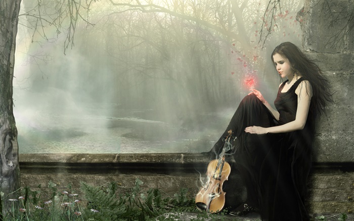vestido preto magic fantasy menina, violino Papéis de Parede, imagem