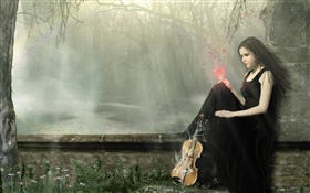 vestido preto magic fantasy menina, violino HD Papéis de Parede