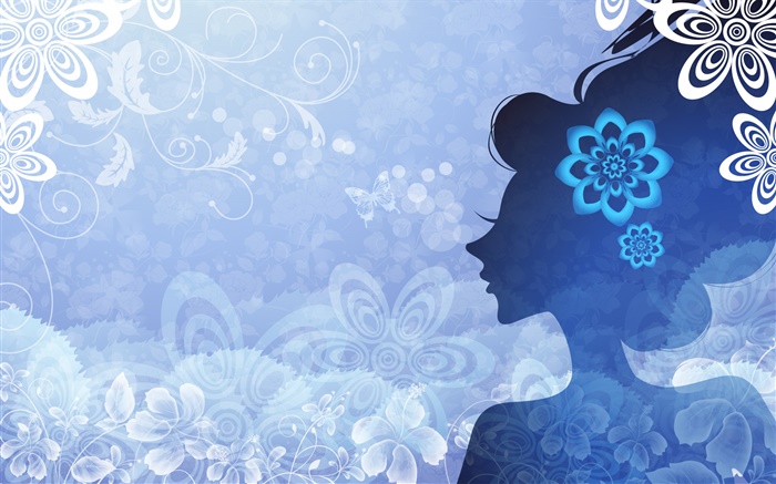 fundo azul, vetor da menina, flores, borboleta Papéis de Parede, imagem