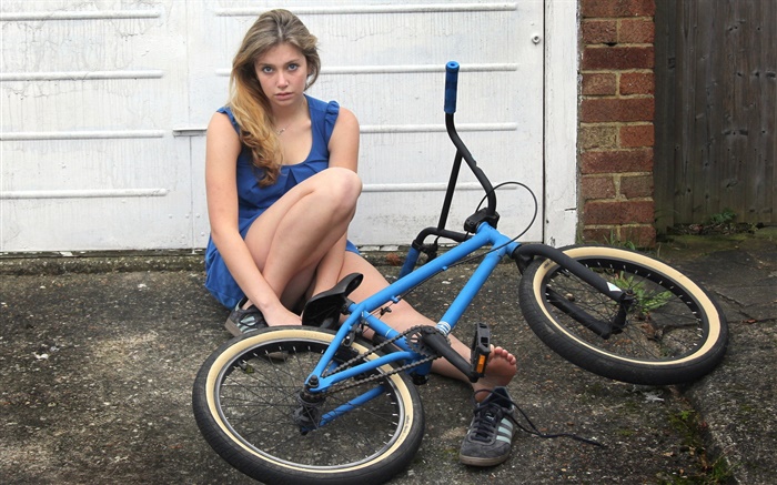 menina vestido azul, bicicleta Papéis de Parede, imagem