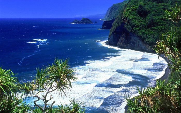 Mar azul, costa, montanhas, Havaí, EUA Papéis de Parede, imagem