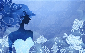 azul estilo, moda vector menina, flores HD Papéis de Parede