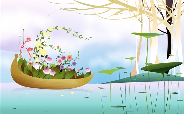 Barco, flores, árvores, rio, estação de primavera, design criativo vector Papéis de Parede, imagem