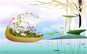 Barco, flores, árvores, rio, estação de primavera, design criativo vector