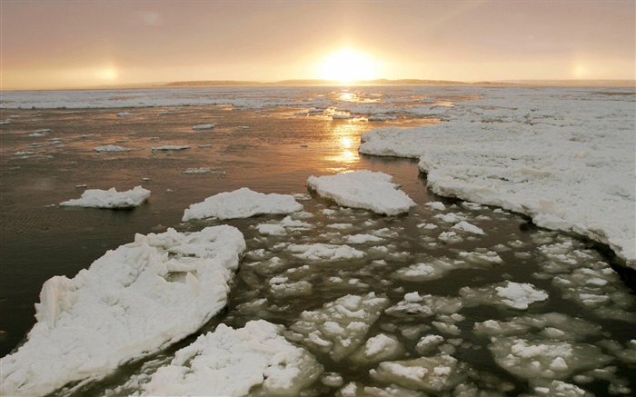 Rio Churchill ao pôr do sol, neve, Manitoba, Canadá Papéis de Parede, imagem