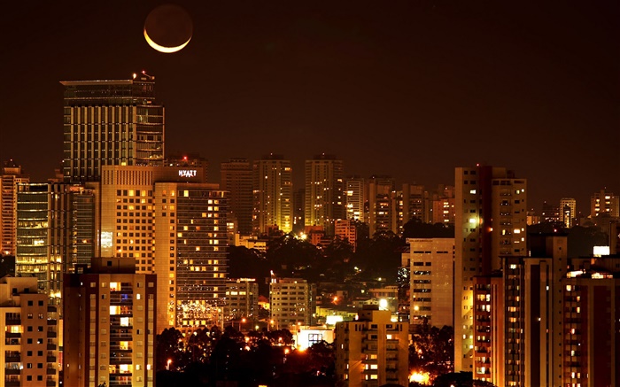 Noite da cidade, casas, luzes, lua Papéis de Parede, imagem