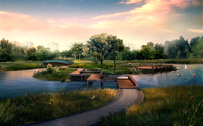Park City, ponte de madeira, rio, pássaros, árvores, design 3D Papéis de Parede, imagem