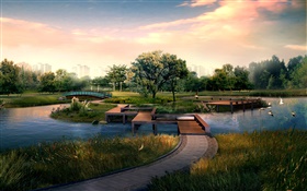 Park City, ponte de madeira, rio, pássaros, árvores, design 3D