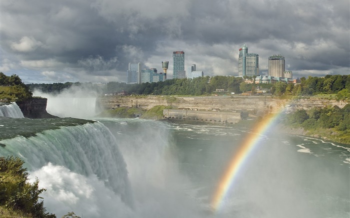 Cidade, cachoeiras, rio, arco íris, nuvens Papéis de Parede, imagem