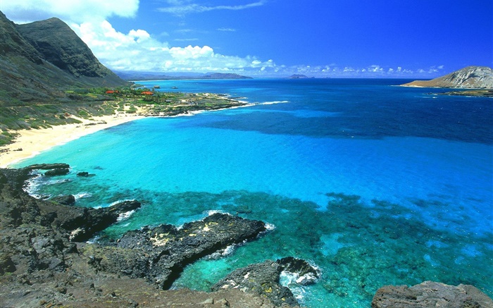 Costa, mar azul e céu, Havaí, EUA Papéis de Parede, imagem