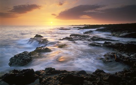 Costa, mar, pôr do sol, sol HD Papéis de Parede