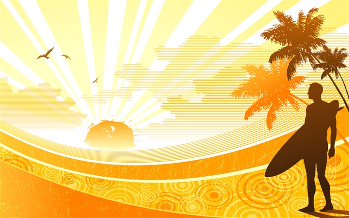 Costa,, palmeiras, sol, homem, design tropical do vetor Papéis de Parede, imagem