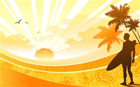 Costa,, palmeiras, sol, homem, design tropical do vetor