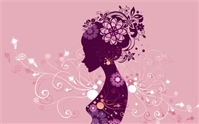 design criativo, menina vetor, flores, fundo rosa