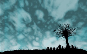 imagens criativas, forma preta, árvore, pássaros, cerca, nuvens HD Papéis de Parede