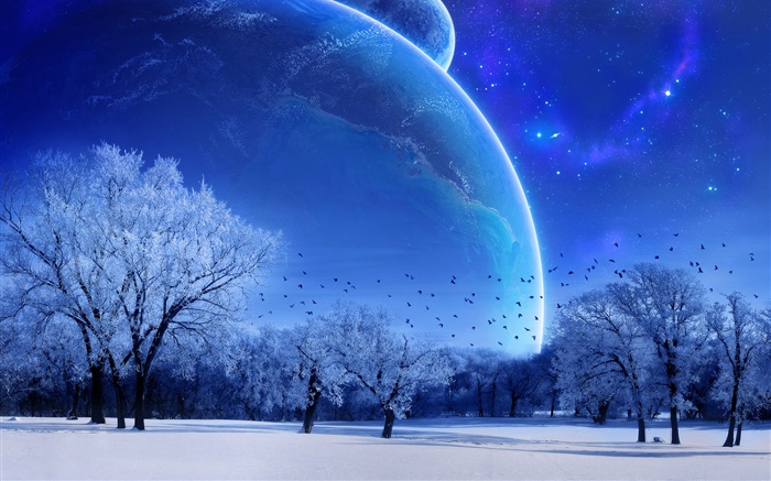 Dream World, inverno, árvores, pássaros, planetas, azul estilo Papéis de Parede, imagem