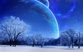 Dream World, inverno, árvores, pássaros, planetas, azul estilo