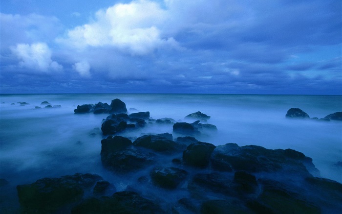 Anoitecer, mar, costa, rochas, nuvens, azul estilo Papéis de Parede, imagem