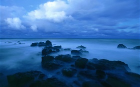 Anoitecer, mar, costa, rochas, nuvens, azul estilo